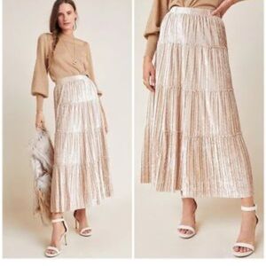maeve anthropologie Julie Pleated Tiered Velour Midi Skirt Champagne Gold Large